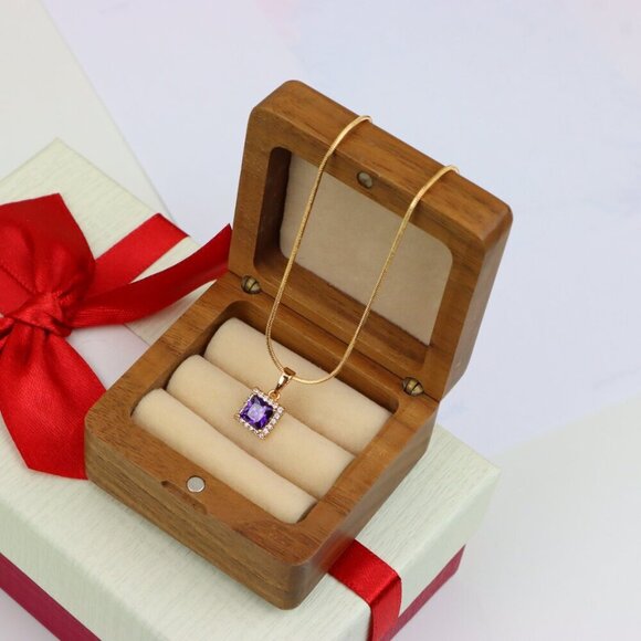 "Rose Gold Pendant with Purple Princess-Cut Stone and Crystal Border, XPPT1277 - Picture 8 of 13